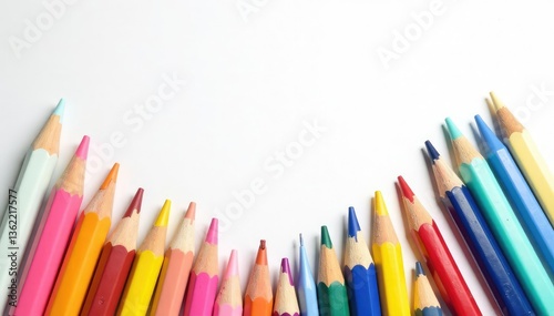 Variety of writing instruments on white backdrop , overhead, craft, isolated