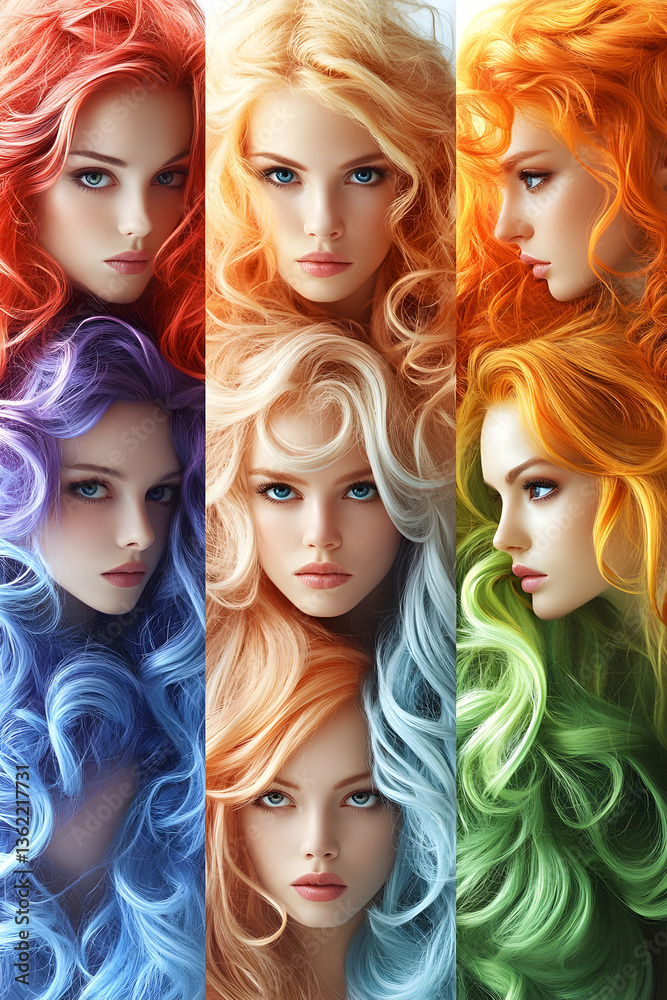 Obraz premium Collage of women with diverse, vibrant, curly hair and captivating blue eyes
