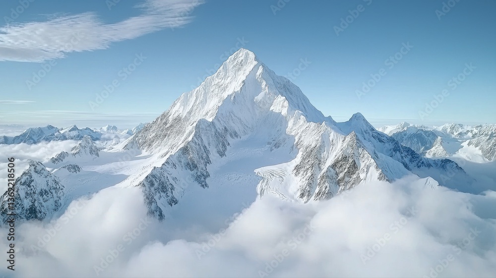 Fototapeta premium Majestic snow-covered mountain peak rising through clouds against a clear blue sky.