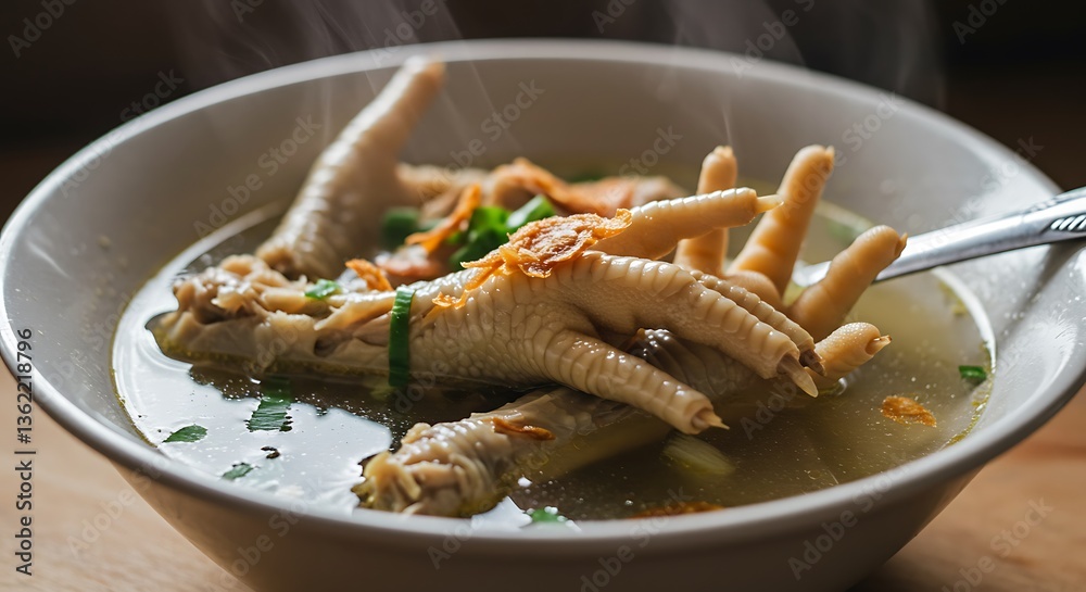 Eating Hot Chicken Feet Soup with Spoon Traditional Asian Cuisine Eating Hot Chicken Feet Soup with Spoon Traditional Asian Cuisine