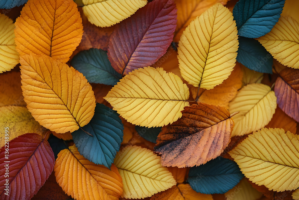 Obraz premium Colorful autumn leaves background with yellow, orange, red, and blue colored foliage