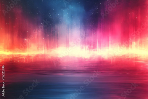 Colorful, ethereal landscape with light beams and vibrant colors above a reflective surface