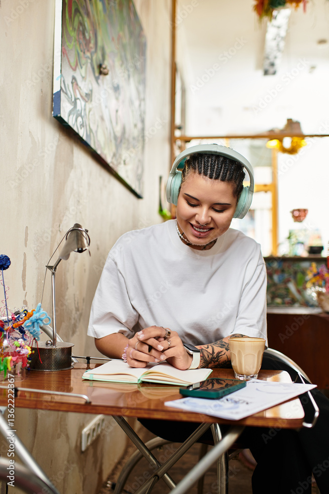 Fototapeta premium Young woman joyfully writing notes at a cozy cafe full of creativity and inspiration