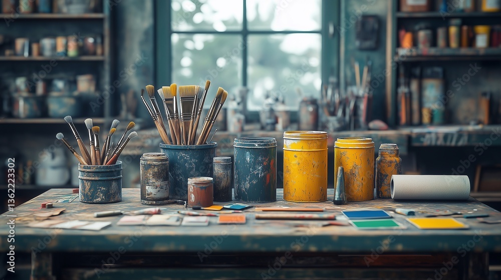 High-detail shot of a painter’s workspace, featuring an open paint can, brushes of different sizes, a roller, masking tape, and color swatches spread across a workbench.