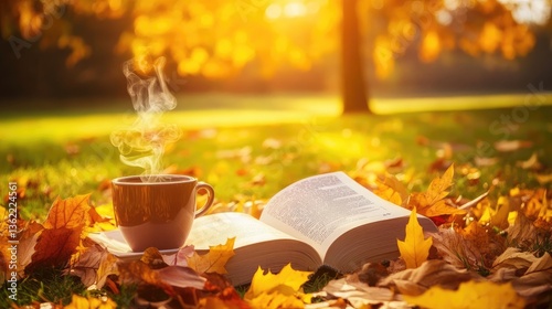 Autumnal Serenity: A Warm Drink and Book amidst Fall Foliage