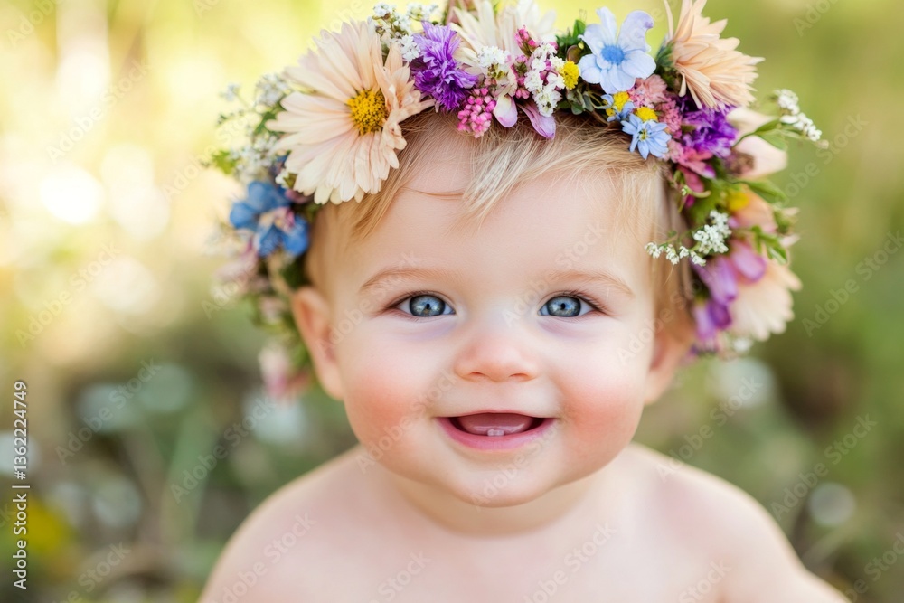 Happy vacation time holidays creative. Sunny daylight. Happy caucasian infant boy with blond hair wearing multi-colored flower crown on his head. Playful child in a flower paradise. Happy vacation time holidays creative. Sunny daylight. Happy caucasian infant boy with blond hair wearing multi-colored flower crown on his head. Playful child in a flower paradise.