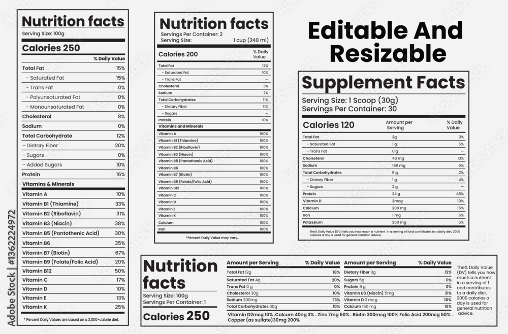 Fototapeta premium nutrition facts, nutrition list, information label, nutrition calculator, nutrition label maker, nutrition facts label, design