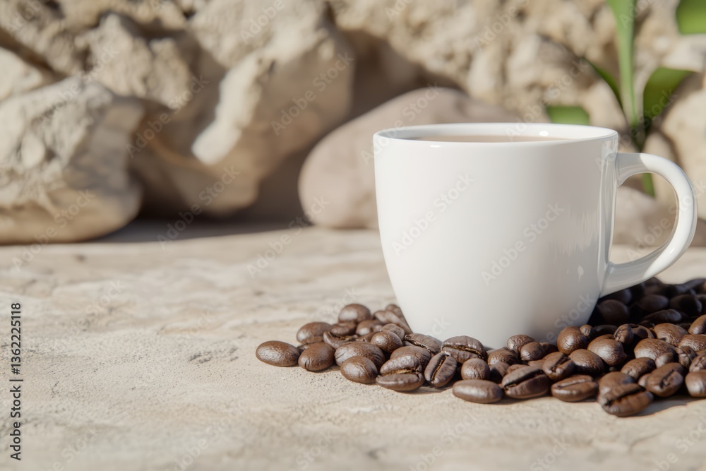 White Coffee Cup with Roasted Beans on Stone Surface in Natural Morning Light Outdoor Setting