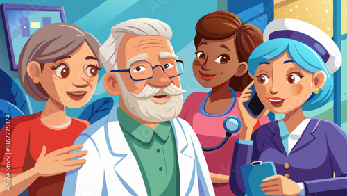 Senior old man and caring kind nurse, geriatric medicine caretaker helping with phone call for male nursing home resident, adult in assisted living, female doctor visiting patient