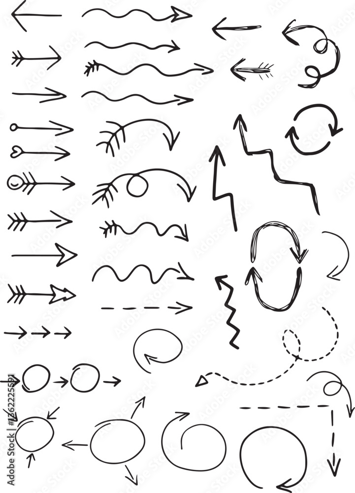 Naklejka premium set of arrows hand drawn with brush black curved lines, line arrows, spiral arrows, swirl arrow, dotted arrows, growth arrow