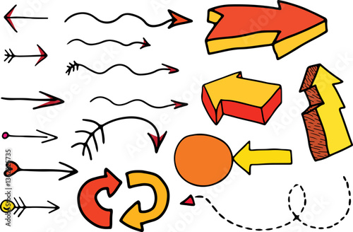 set of arrows drawn with black curved lines with yellow and orange fill of different shades, line arrows, volumetric arrows, lightning arrow, dotted arrow