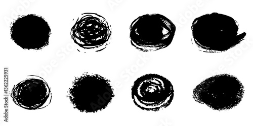 Scribble textured brush stroke ink or paint round splatter. Abstract grunge stain enso border, frame, hand drawn textured punk style asian design element