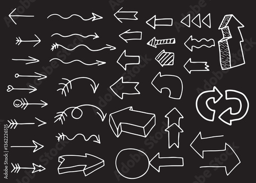 set of arrows drawn with white curved lines on a black background, line arrows, volumetric arrows, lightning arrow, double-sided arrow, double arrow