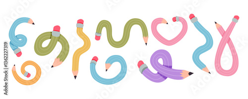 Twisted curved comic pencil doodle sketchy. Line hand drawn simple pencil. Funky flexible school supplies. Trendy writing tool