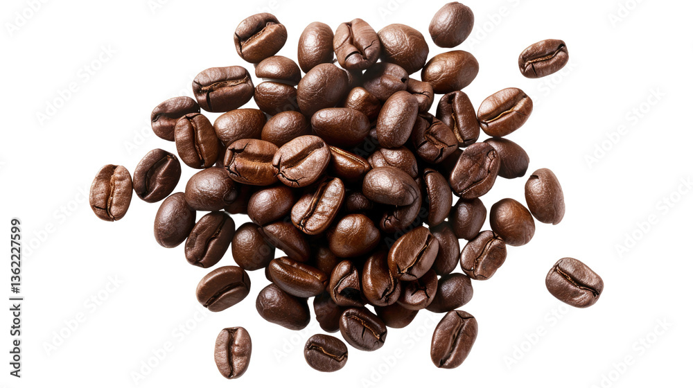 Obraz premium Aromatic Coffee Beans: A close-up view of rich, roasted coffee beans, scattered in a natural arrangement, showcasing their varying shades of brown and inviting textures.