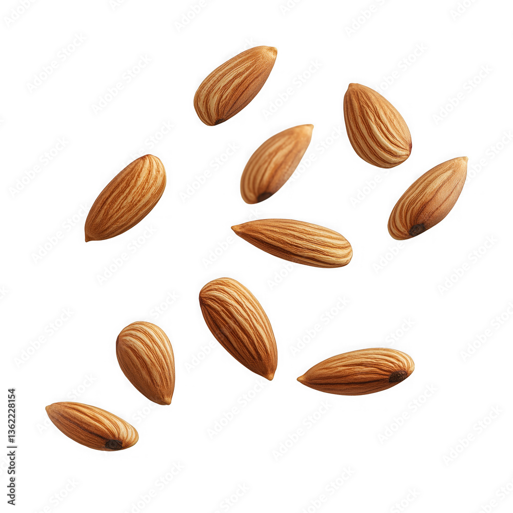 Multiple almonds floating in the air health focused design transparent background Multiple almonds floating in the air health focused design transparent background