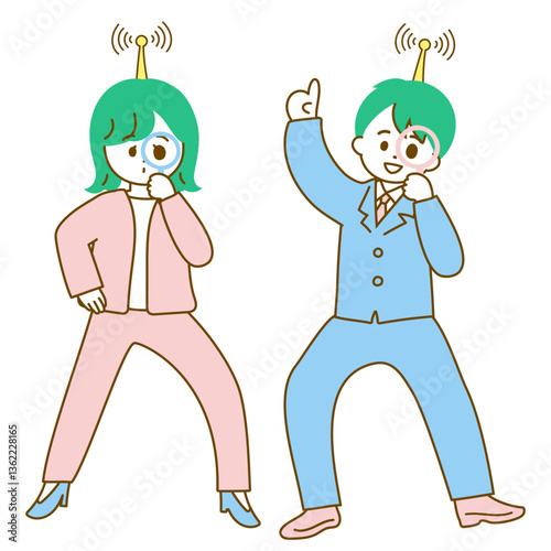 アンテナを張って情報を得ようとするビジネスパーソンの男女のイラスト