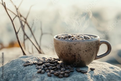 White Coffee Cup with Roasted Beans on Stone Surface in Natural Morning Light Outdoor Setting