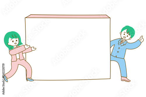 Webホワイトボードと説明をする若いビジネマンの男女のイラスト　男性は後ろからひょっこり顔を出している