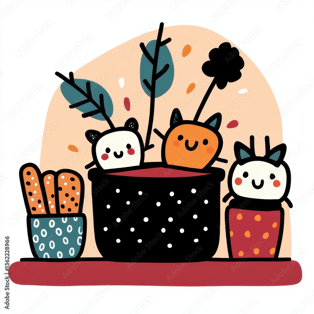Naklejka premium Cute Cartoon Cats in Pots with Breadsticks Autumnal Illustration