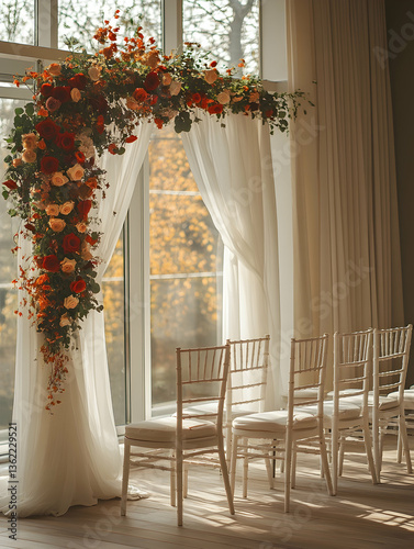 Ceremony setting floral archway, sheer drapes, and white chairs near a large window