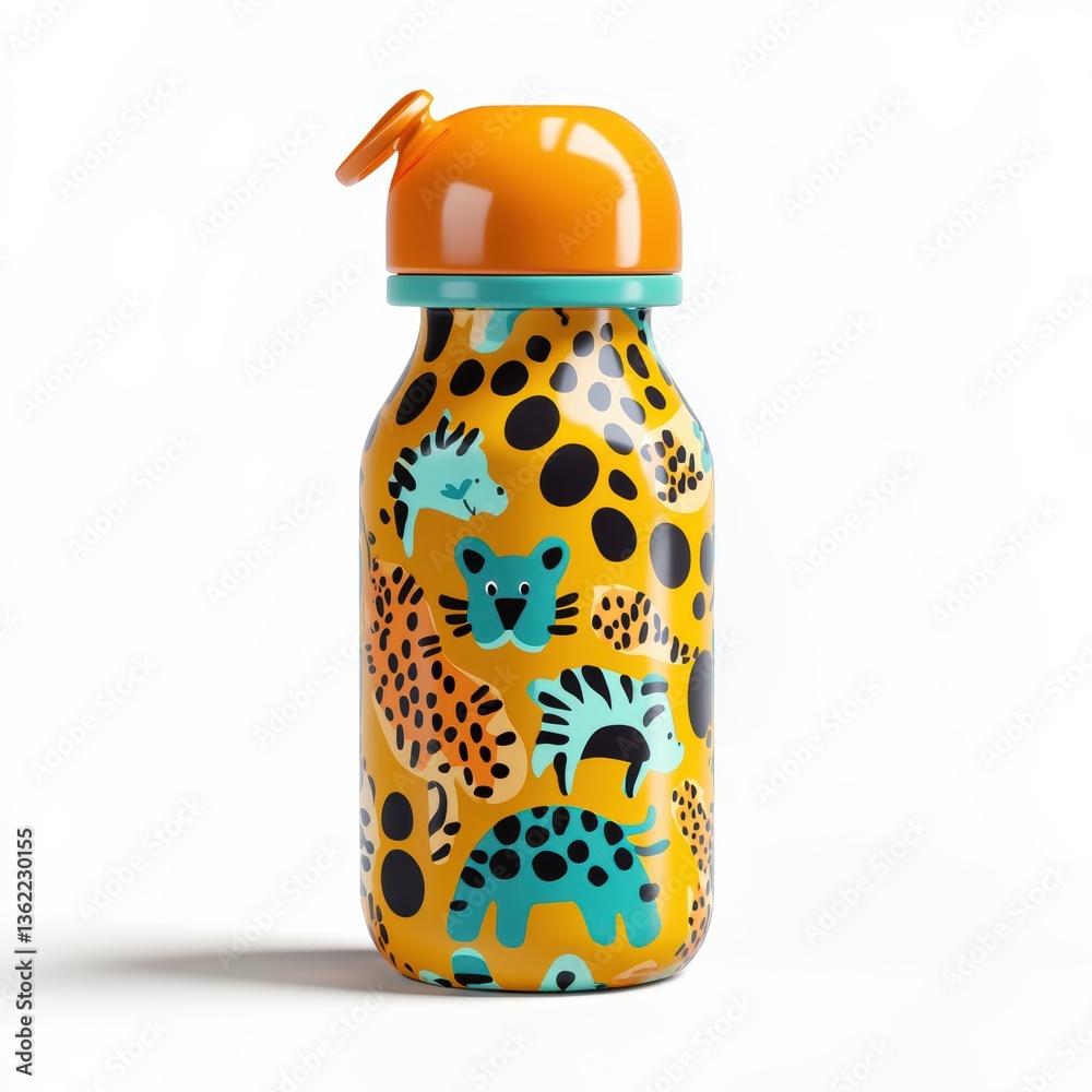 Obraz premium Playful kids water bottle with animal prints, isolated on white