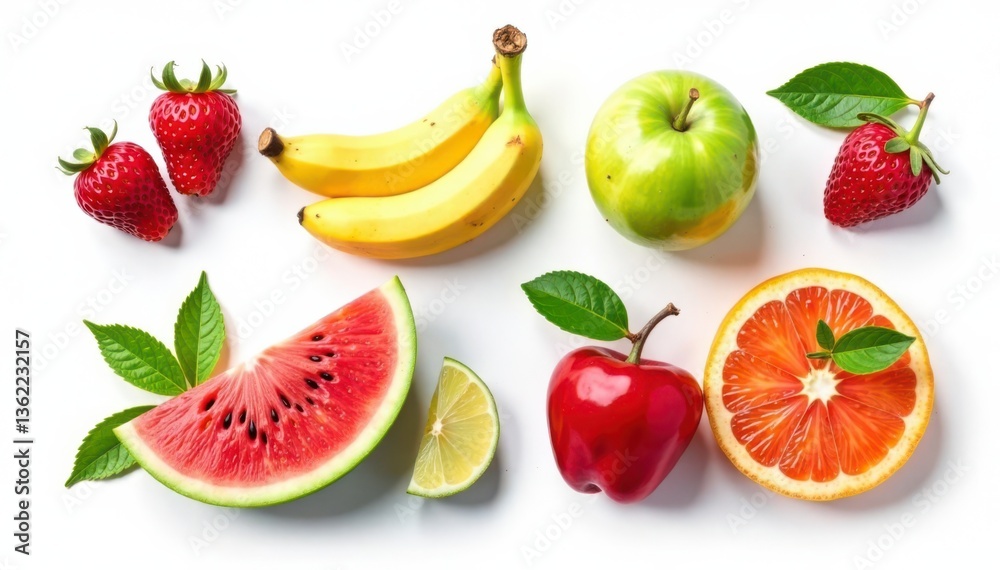 A colorful fruit berry vegetable mix icon set against a white background, food, healthy eating A colorful fruit berry vegetable mix icon set against a white background, food, healthy eating
