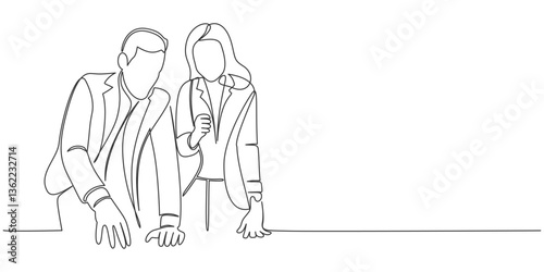 Continuous line art drawing of business man and business woman discussion. employe line art style drawing vector illustration