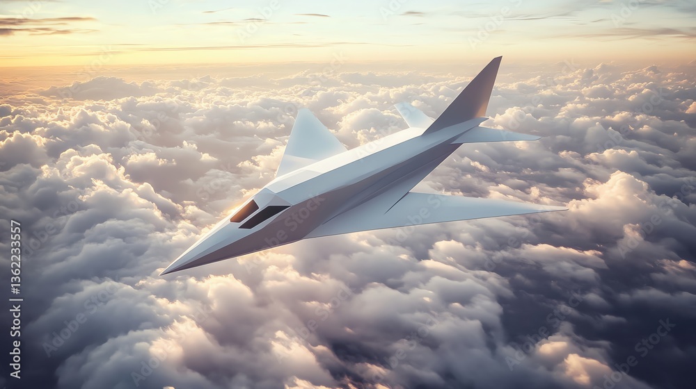 Fototapeta premium Futuristic aircraft soaring through the clouds.