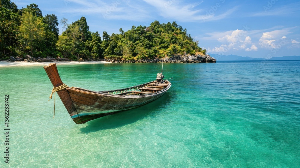 Serene Tropical Waters with Traditional Boat and Lush Island Backdrop, Thailand Serene Tropical Waters with Traditional Boat and Lush Island Backdrop, Thailand