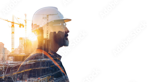Visionary Builder: A composite image of a construction worker, merging with the backdrop of a bustling construction site, the rising sun casting a golden glow. 