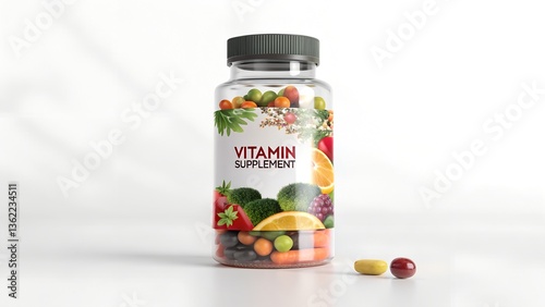 This image showcases a bottle of vitamin supplements with a label that reads 