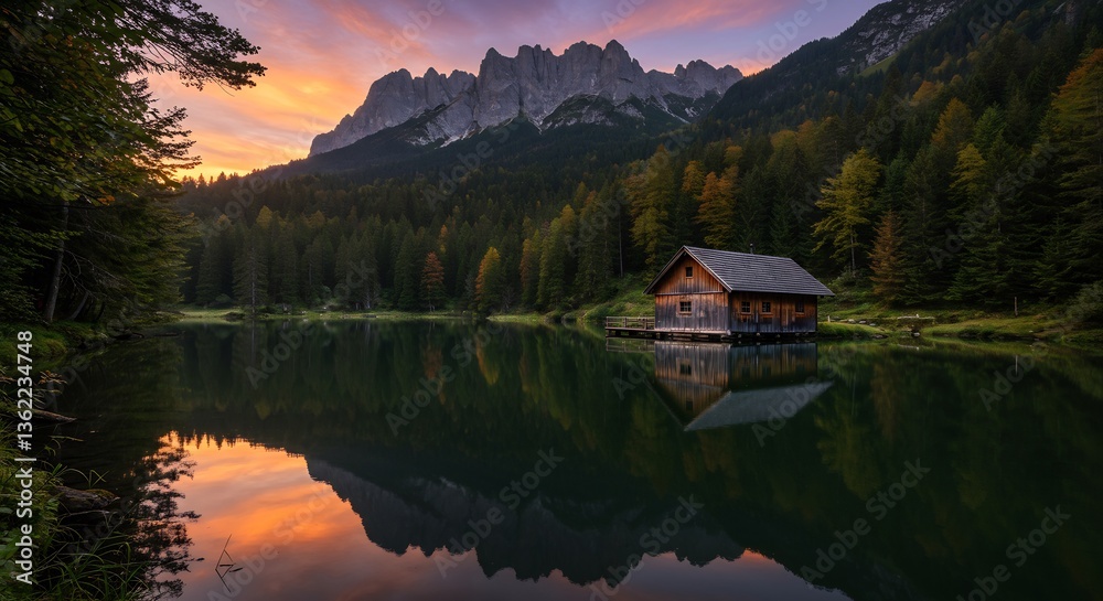 Fototapeta premium Serene mountain lake cabin sunset reflection warm tones. AI Generated