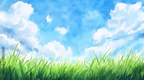 Watercolor painting depicting fluffy clouds and vibrant green grass