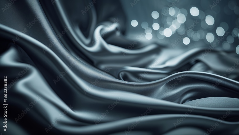 Fototapeta premium Elegant black silk fabric draping softly with glimmering lights in the background during a serene evening setting