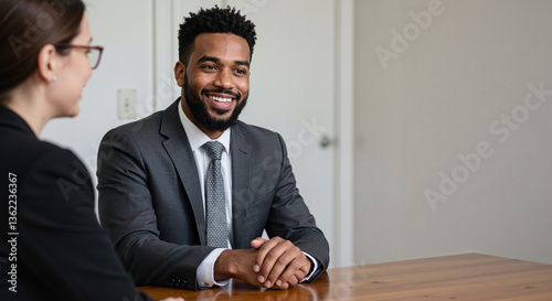 Job candidate smiling during interview at a professional setting  