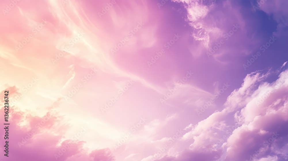 Obraz premium A soft, dreamy sky with a gradient of pink and purple hues, featuring wispy white clouds. illustration