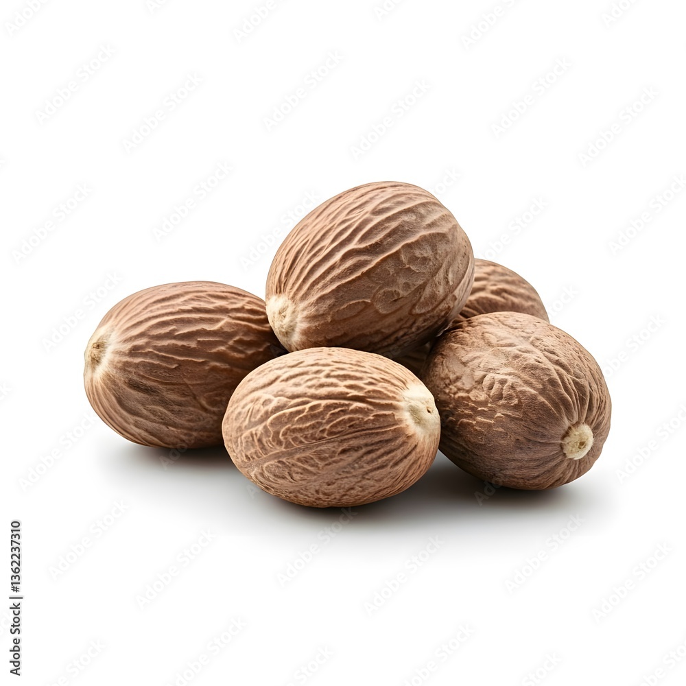 A small pile of nutmeg seeds, whole and brown, on a plain white background, AI Generated A small pile of nutmeg seeds, whole and brown, on a plain white background, AI Generated