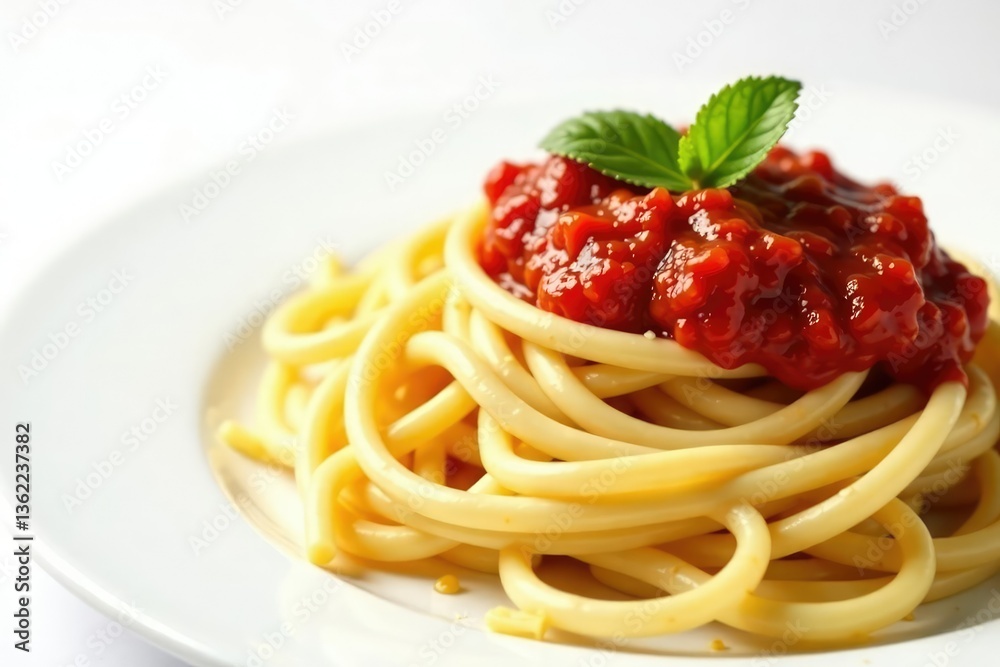Close-up of spaghetti with tomato sauce, white backdrop , spaghetti, food photography, simple Close-up of spaghetti with tomato sauce, white backdrop , spaghetti, food photography, simple