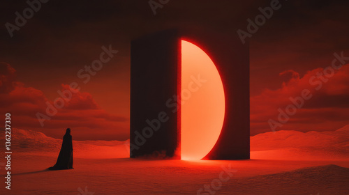 A dreamlike sequence of a human disappearing into light beyond a desert doorframe transcendence,