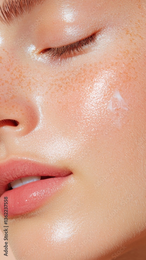 Close Up of Woman's Face with Shimmering Makeup and Soft Lighting Close Up of Woman's Face with Shimmering Makeup and Soft Lighting