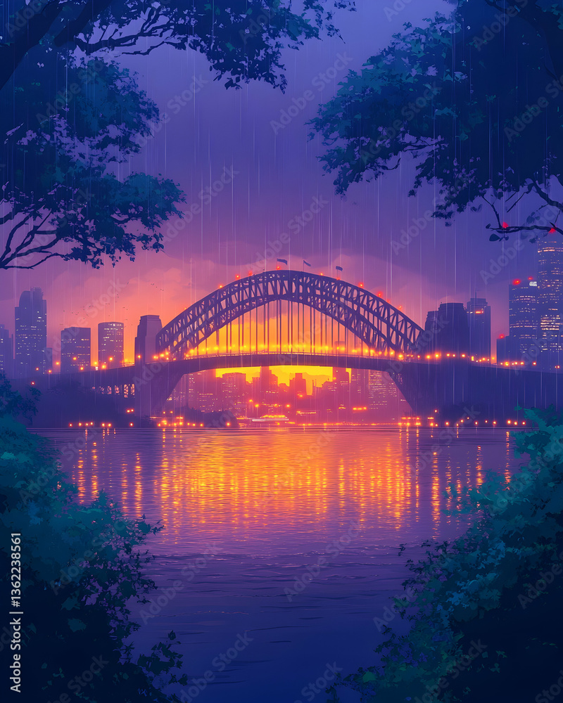 Obraz premium Cityscape with an arched bridge illuminated during dawn framed by branches