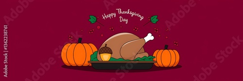 Festive Thanksgiving scene with a roasted turkey adorned with an acorn surrounded by green leaves two pumpkins and 'Happy Thanksgiving Day' text on a maroon background with red berries in the corner
