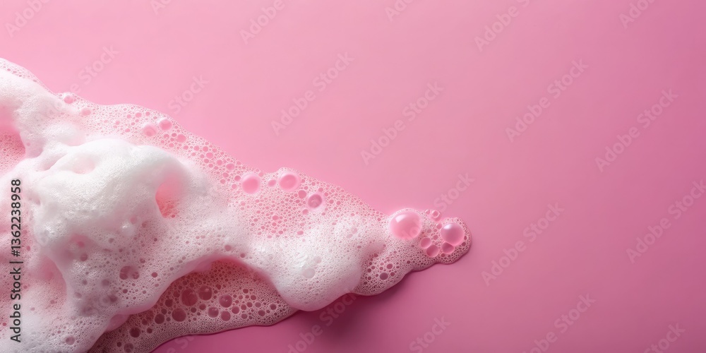 Fototapeta premium Clean, fresh skincare. Pastel pink backdrop showcases fluffy white soap foam; ample copy space. Top view.