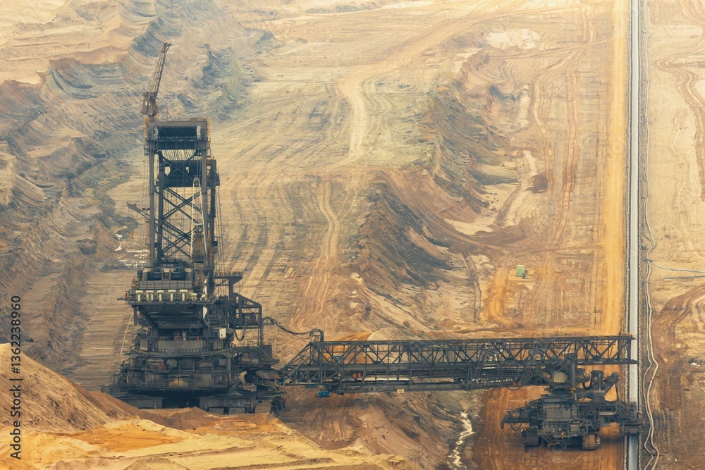 Large excavator in use on a hazy morning in a coal mining area