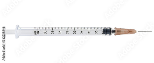 Disposable syringe for injection of insulin isolated on a transparent background. Completely in focus. Full depth of field. PNG.