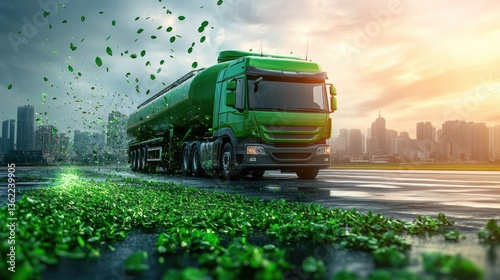 Eco-Friendly Transportation: Green Tanker Truck on City Road