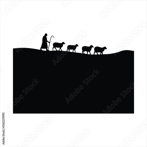Shepherd Guiding Sheep Silhouette Illustration