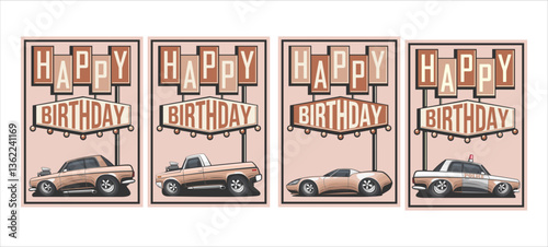 Beige Moms Birthday card for boys. happy birthday kids greeting card. Birthday poster with cars design. Happy birthday greeting poster. Trendy Birthday greeting card template for children.