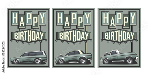 Birthday card for boys. happy birthday kids greeting card. Birthday poster with cars design. Happy birthday greeting poster. Trendy Birthday greeting card template for children.